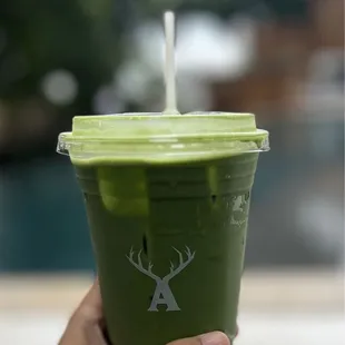 Iced vanilla matcha with oatmilk, extra shot of matcha