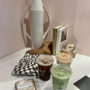 Matcha, Cold Brew, vanilla latte, ham and cheese croissant, cinnamon bread
