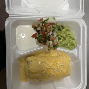 Chicken or beef chimi changa . Red or queso sauce