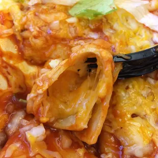 Cheese enchilada - inside showing lack of cheese.