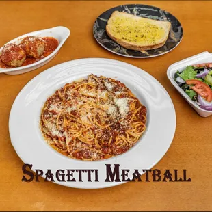 Spaghetti &amp; Meatballs.
Spaghetti topped in our homemade meatballs.