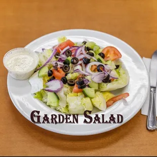 Garden Salad.
Lettuce, tomato, cucumber, pepperoncini, onions &amp; black olives.