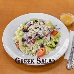 Greek Salad.
Lettuce, tomato, cucumber, pepperoncini, onions, black olives &amp; feta cheese.