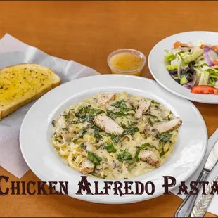 Fettuccine Alfredo with Chicken.
Grill Chicken, and mushrooms, garlic, fresh basil, Alfredo sauce.