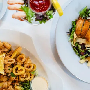 Calamari appetizer, shrimp cocktail, crispy chicken salad
