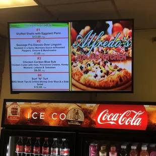 a pizza and drinks display