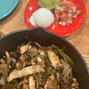 chicken, onions, and guacamole