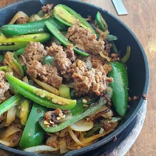 Impossible beef with fresh jalapeños .  The protein amount is actually good.