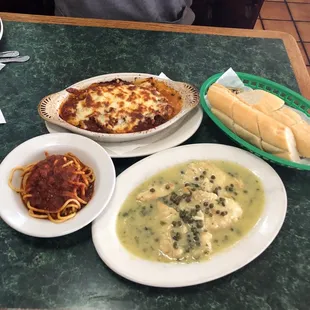 Chicken piccata and lasagna.