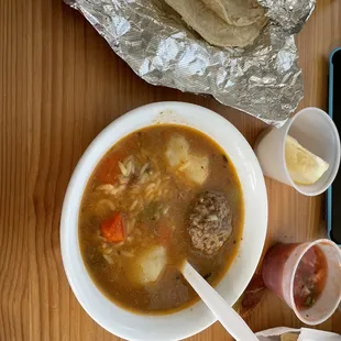 Large Albondigas Soup comes w chips and salsa *(other 1/2 of soup not pictured) all this for 13$.