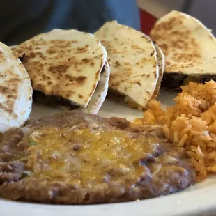 Steak quesadilla with rice and beans