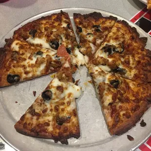 Gluten free crust only comes in small. Speciality pizza with pepperoni, sausage, mushrooms, and we added the black olives