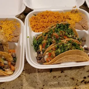 (Left &amp; middle) Two Carne Asada Taco Special Plate. (Right) Five Mini Carne Asada Tacos Special Plate