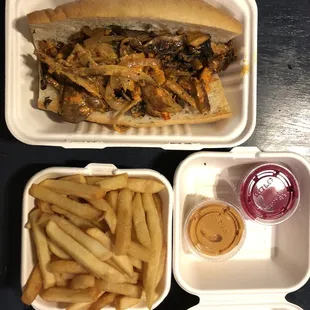 Philly Cheesesteak, fries, beet ketchup &amp; chipotle Mayo