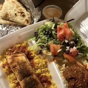 Salmon rice plate w/ salad &amp; hummus