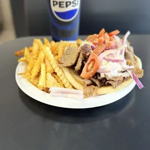 Gyro plater with fries and drink, no feta cheese though