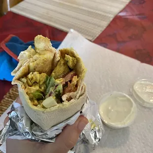 a hand holding a burrito