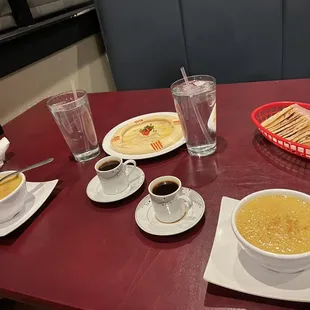 Turkish coffee, lentil soup and hummus.