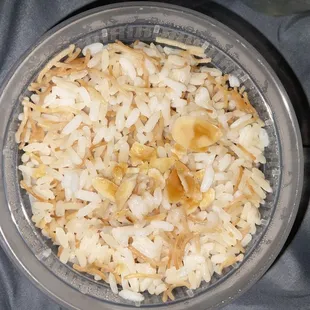 White rice and egg noodles with almonds