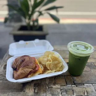 local breakfast and iced matcha latte