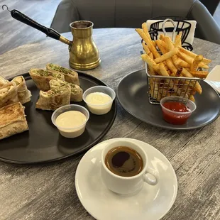 Chicken Shawarma, wrap, falafel wrap, Turkish, coffee, and fries