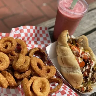#33 onion rings on the side plus you get a lot.  #14 Chicken Philly Cheese Steak  Strawberry smoothie.  It was so Amazing food.