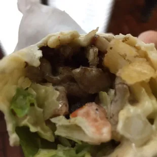 Small chicken shawarma wrap. So hard to take a good photo in the lighting conditions!