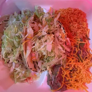 #10 2 deep fried fish tacos with rice and beans