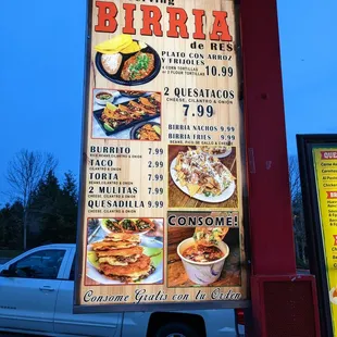 Drive thru birria menu as of 4/5/23