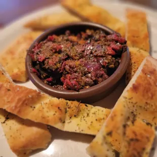 Sundried tomatoe/olive tapenade with focaccia.