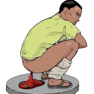 a drawing of a man squatting on a platform