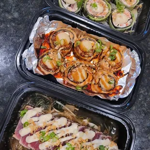 Tropical Roll, Baked Salmon and Crab Roll, and Tuna Tataki Salad