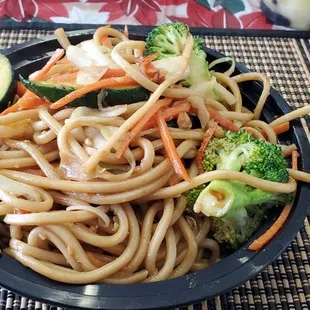 Veggie Lo Mein - hot, fresh, good flavor. Can taste the sautéed garlic in it.