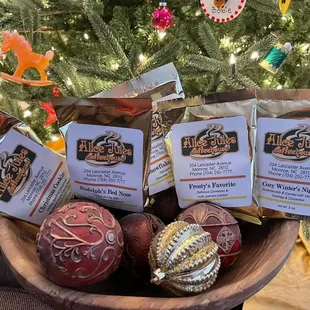 a bowl of christmas ornaments