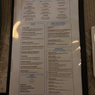 Menu-desserts, coffee, after dinner drinks