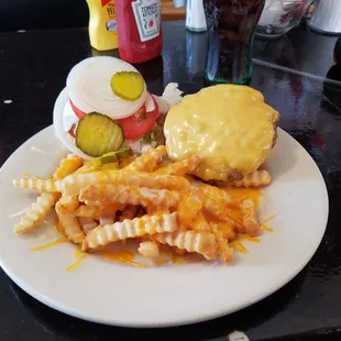 Absolutely delicious double cheeseburger and cheese fries