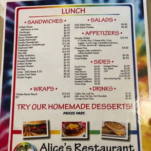 the menu for alice&apos;s restaurant
