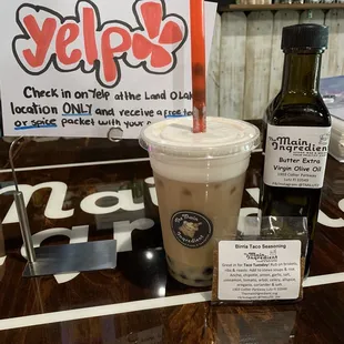 I had to get a tea (hazelnut cream) with boba light sweetness. And the butter infused oil (Vegan friendly) and my free sample!
