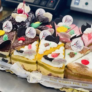 Desserts(sliced cakes): American cheese, Tiramisu, Mango cheese, Black Forest, Chocolate Mousse......