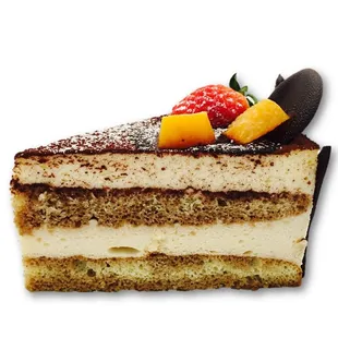Mascapone cheese with layers of lady finger cake, soaked in expresso and liqueurs Grand Marya, dark rum & Marsala, and topped with cocoa pow