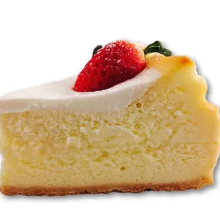 Traditional American style cheesecake with heavy cheese flavor,  cookie pastry base and topped with sour cream