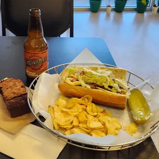 6&quot; regular size Smokey Pig Supreme sandwich, chips, pickle, mondo brownie, &amp; soda.  Mighty tasty!!