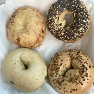 Alicea&apos;s NY Bagels &amp; Subs. Four fresh bagels loaded with toppings.