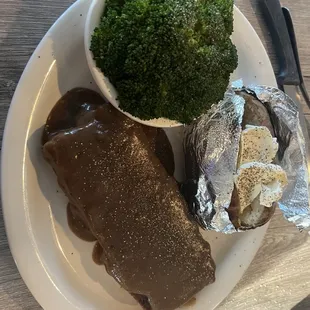 HOMEMADE MEATLOAF. (M) with baked potato and broccoli.