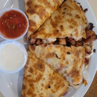 Barbecue chicken and shrimp quesadilla.