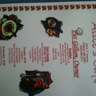 the menu for alice&apos;s cafe