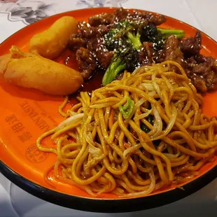 Sesame beef, lo mein and chicken fingers.