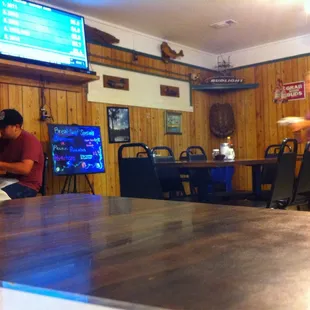 Predictable decor for the barandgrille genre of the area: taxidermy, Teevee, giant A/C, laminate tables, etc.