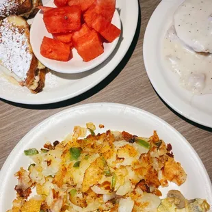 avocado+cheese+bacon+mushroom omelette, monte cristo, biscuits with gravy
