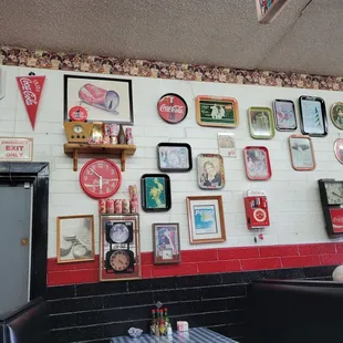 a wall full of memorabilia